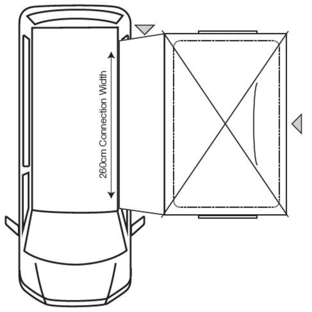 A detailed top-down diagram of the Outdoor Revolution Cayman Cuda Awning shows its 260cm connection width, highlighting the seamless attachment to a campervan. This outdoor revolution cayman awning is perfect for creating extra living space on your camping adventure.