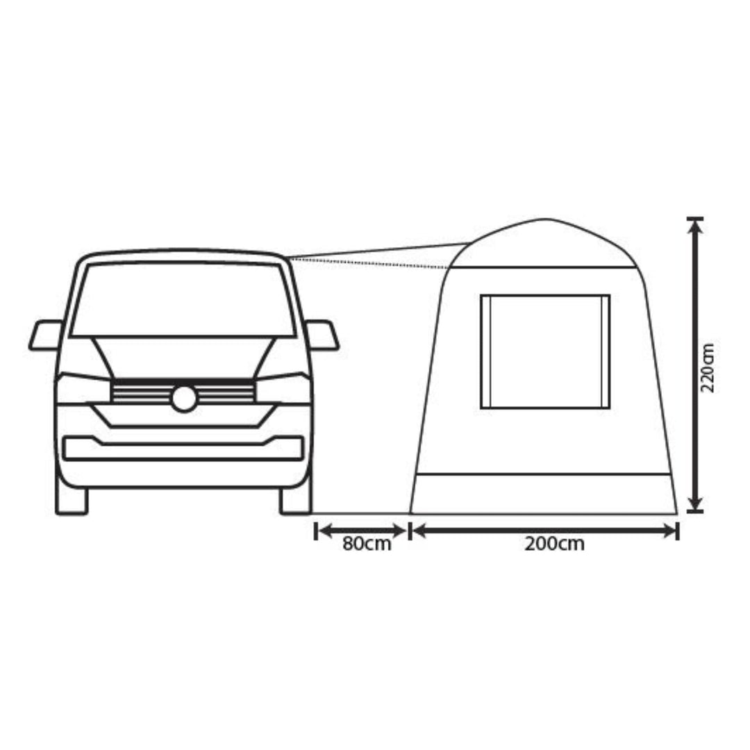 The front-facing diagram of the Cayman Cuda Awning next to a campervan displays its impressive 220cm height and 200cm length, making it a practical choice for a fibreglass drive away awning. Designed for convenience, this campervan awning cayman model ensures a comfortable outdoor setup.