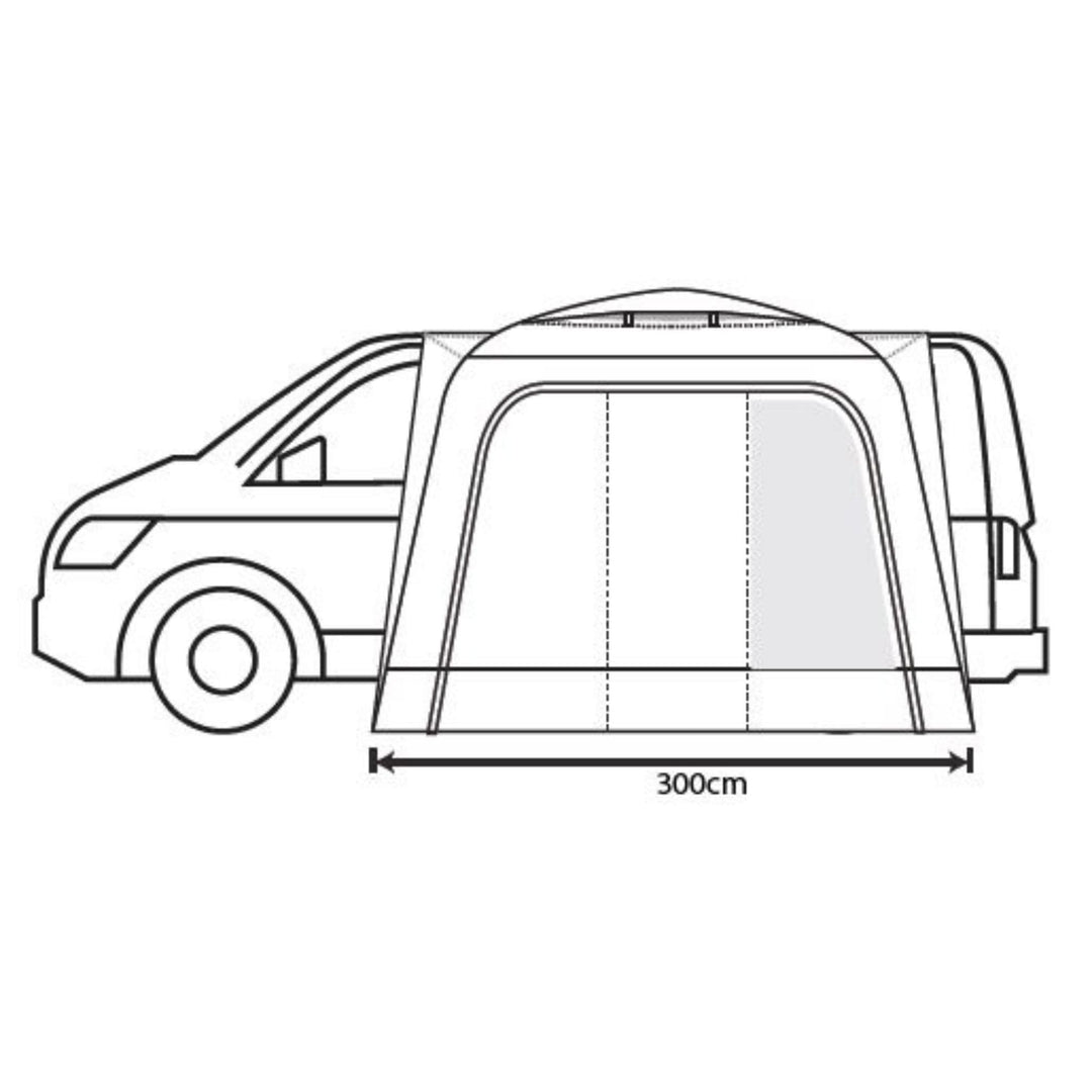 The side profile diagram of the Outdoor Revolution Cayman Cuda F/G Awning illustrates its 300cm width, demonstrating its generous interior space. This cayman cuda f/g awning, with its fibreglass structure, is a dependable option for a campervan drive away awning.