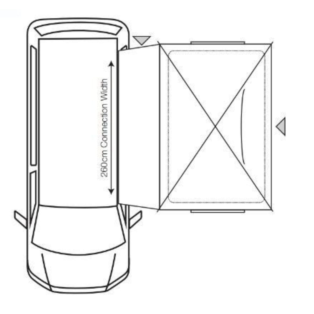 Diagram of the Cayman Cuda XL F/G Awning connected to a campervan, showing detailed dimensions and the 260cm connection width for easy attachment.