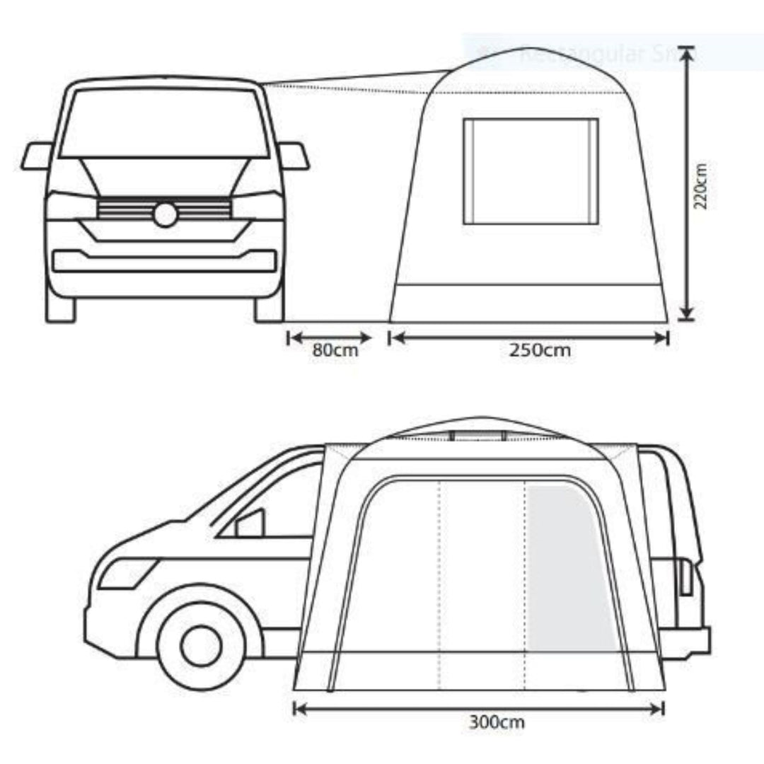 Diagram highlighting the Cayman Cuda XL F/G Awning’s layout and compatibility, displaying its 220cm height and spacious interior for campervan users.