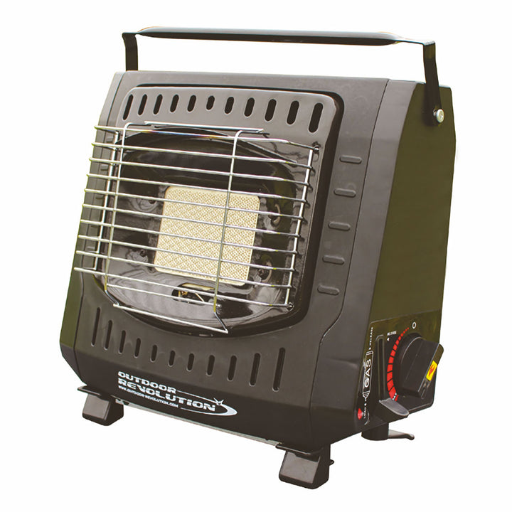 A black Outdoor Revolution portable gas heater with a carrying handle on top and a control knob on the side. It features a ceramic plate burner and is designed for outdoor use.