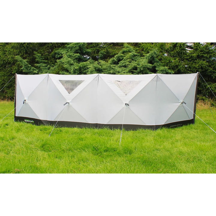 Front view of the Outdoor Revolution Pronto 4 windbreak, showing its sturdy frame and 240 HDE fabric panels.