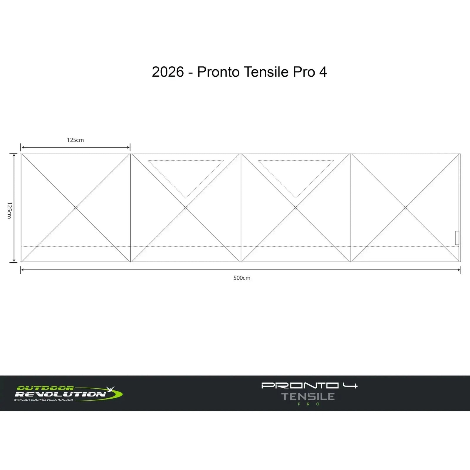 Technical drawing of a tent structure labeled '2026 - Pronto Tensile Pro 4 wondbreak with window' with dimensions on a white background.