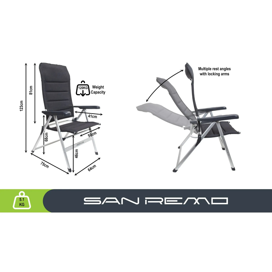 Outdoor Revolution San Remo Highback reclining camping Chair with padded backrest.