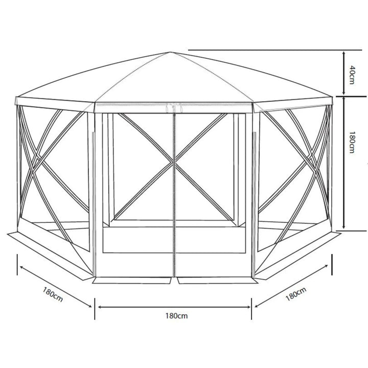 Diagram of the Outdoor Revolution Screenhouse 6 with dimensions, detailing width, height, and layout specifications.