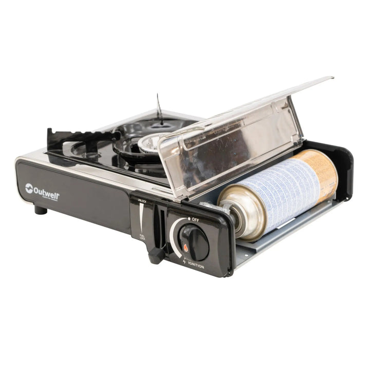 The Outwell Appetizer Solo Stove displayed with a gas cartridge securely fitted in its compartment.