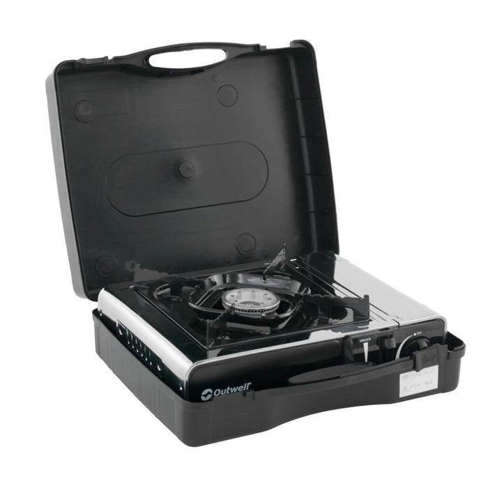 The Outwell Appetizer Solo Stove displayed with its protective lid open, showing the single burner inside.