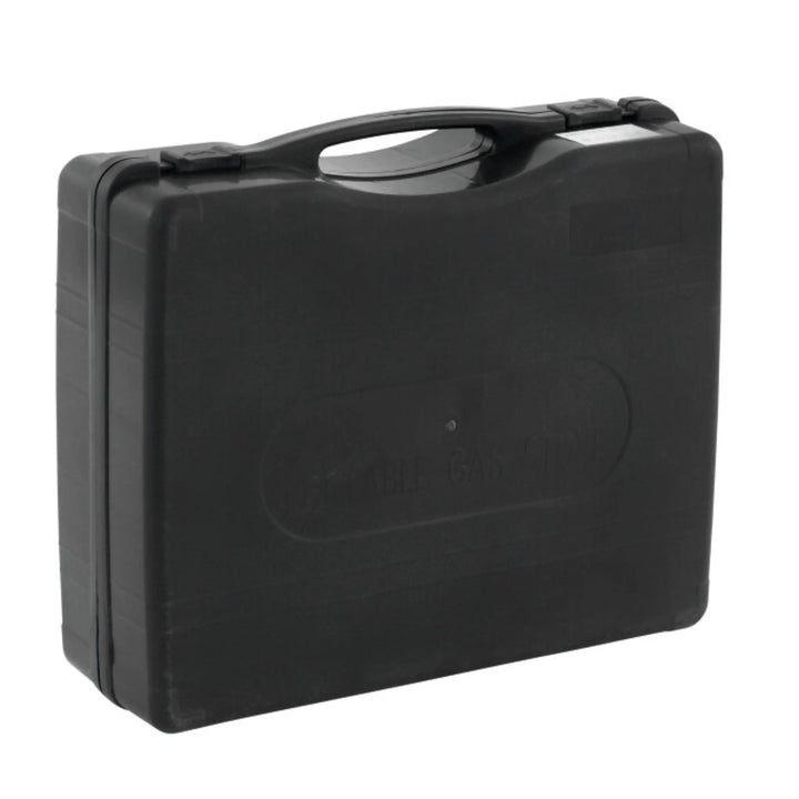 Black plastic carry case for the Outwell Appetizer Solo Stove, with a handle for easy transportation.