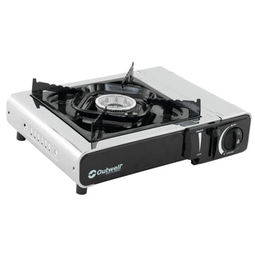 A side angle of the Outwell Appetizer Solo Stove highlighting its compact structure and silver accents.