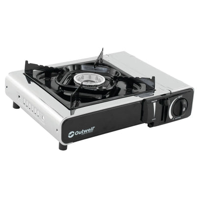 A side angle of the Outwell Appetizer Solo Stove highlighting its compact structure and silver accents.