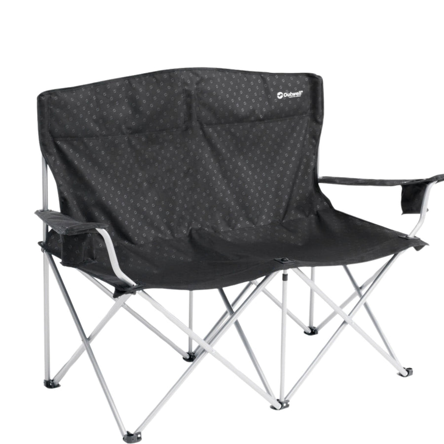 A black Outwell Catamarca Sofa with a sturdy steel frame, featuring dual cup holders, designed for two people.