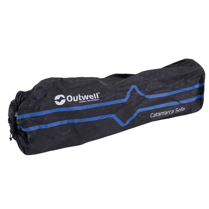 Black carrying bag with blue accents for Outwell Catamarca Sofa on a white background