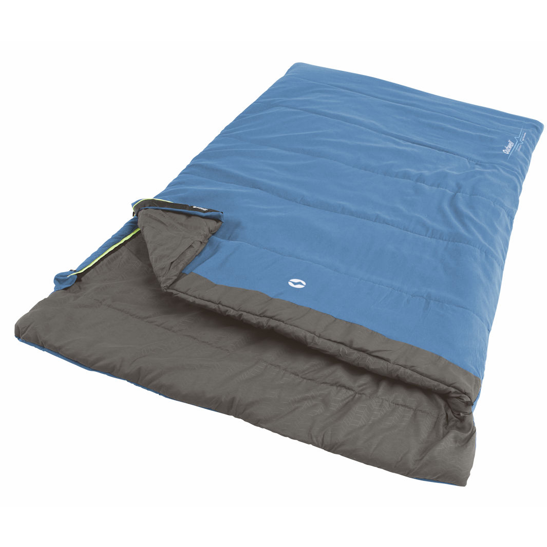 A blue and gray Outwell Celebration Lux Double sleeping bag unfolded and laid on a surface.
