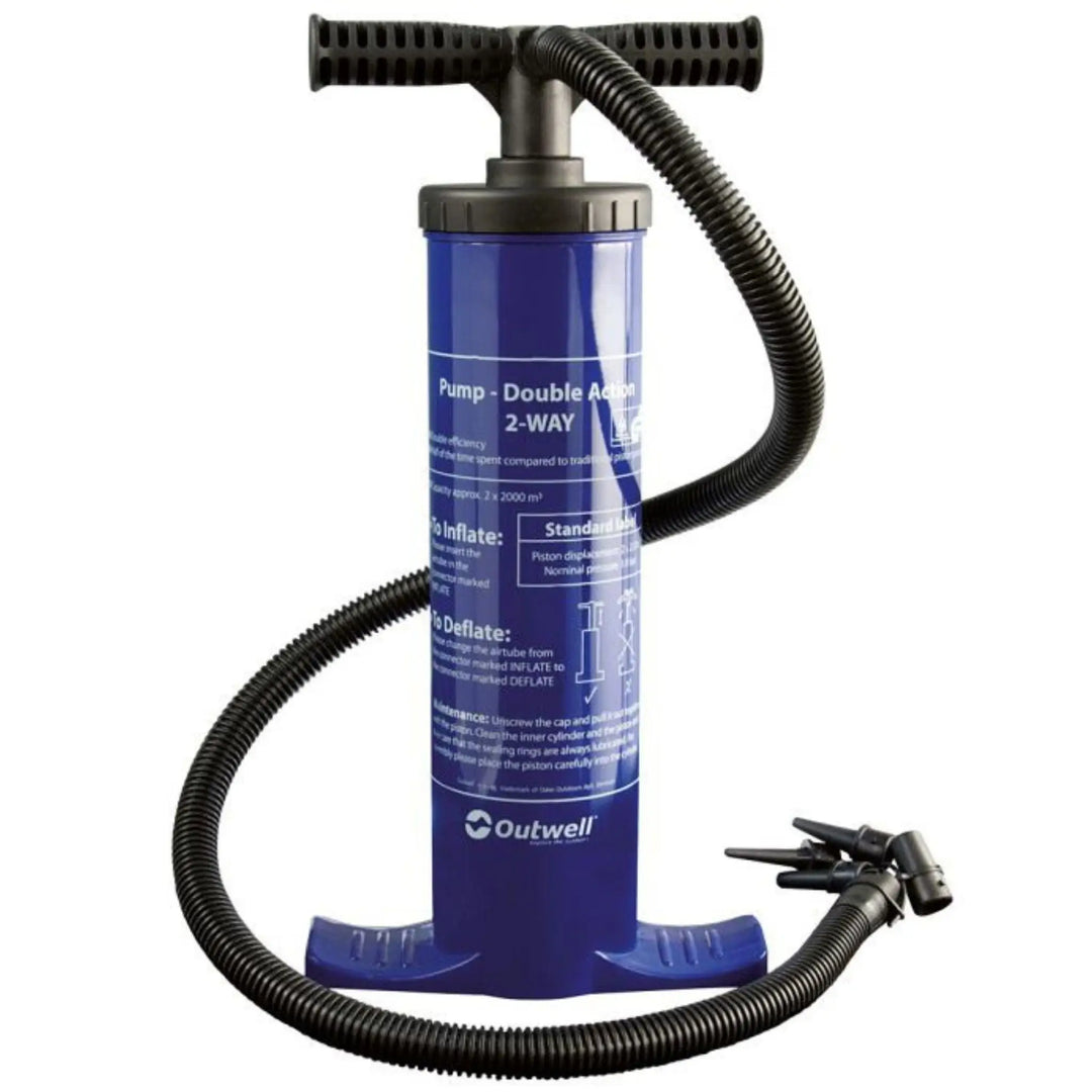 Outwell Double Action camping pump with a durable blue design, featuring 3 interchangeable nozzles and a flexible hose for efficient inflation and deflation.