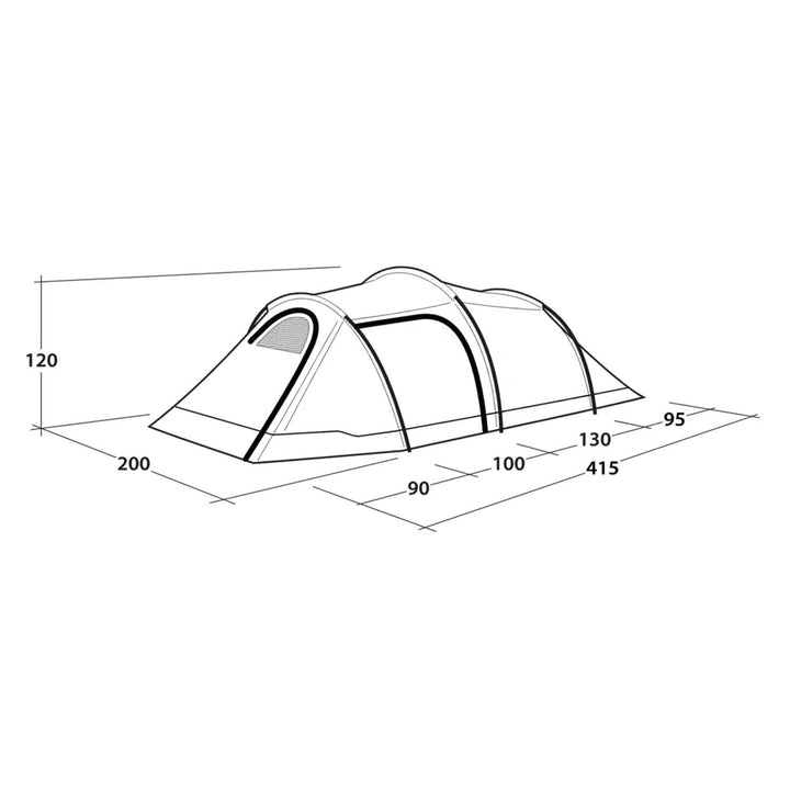 Line drawing of an Outwell Earth 3 Plus Tent with dimensions labelled