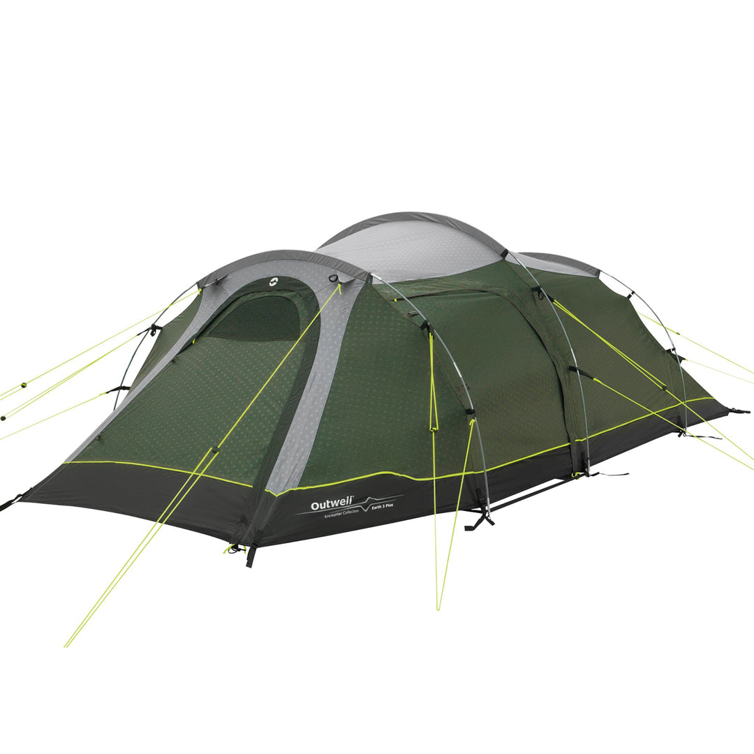 Corner view of an Outwell Earth 3 Plus Tent with doors closed