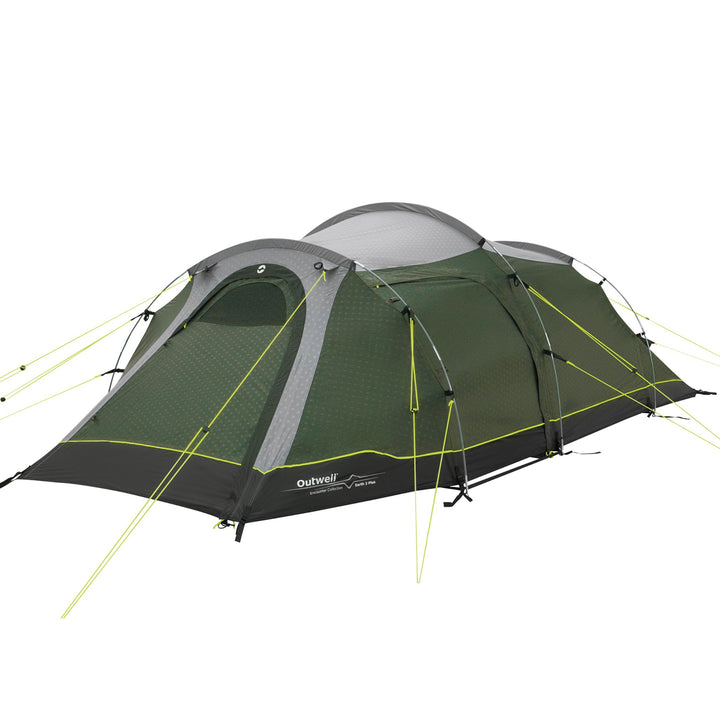 Corner view of an Outwell Earth 3 Plus Tent with doors closed
