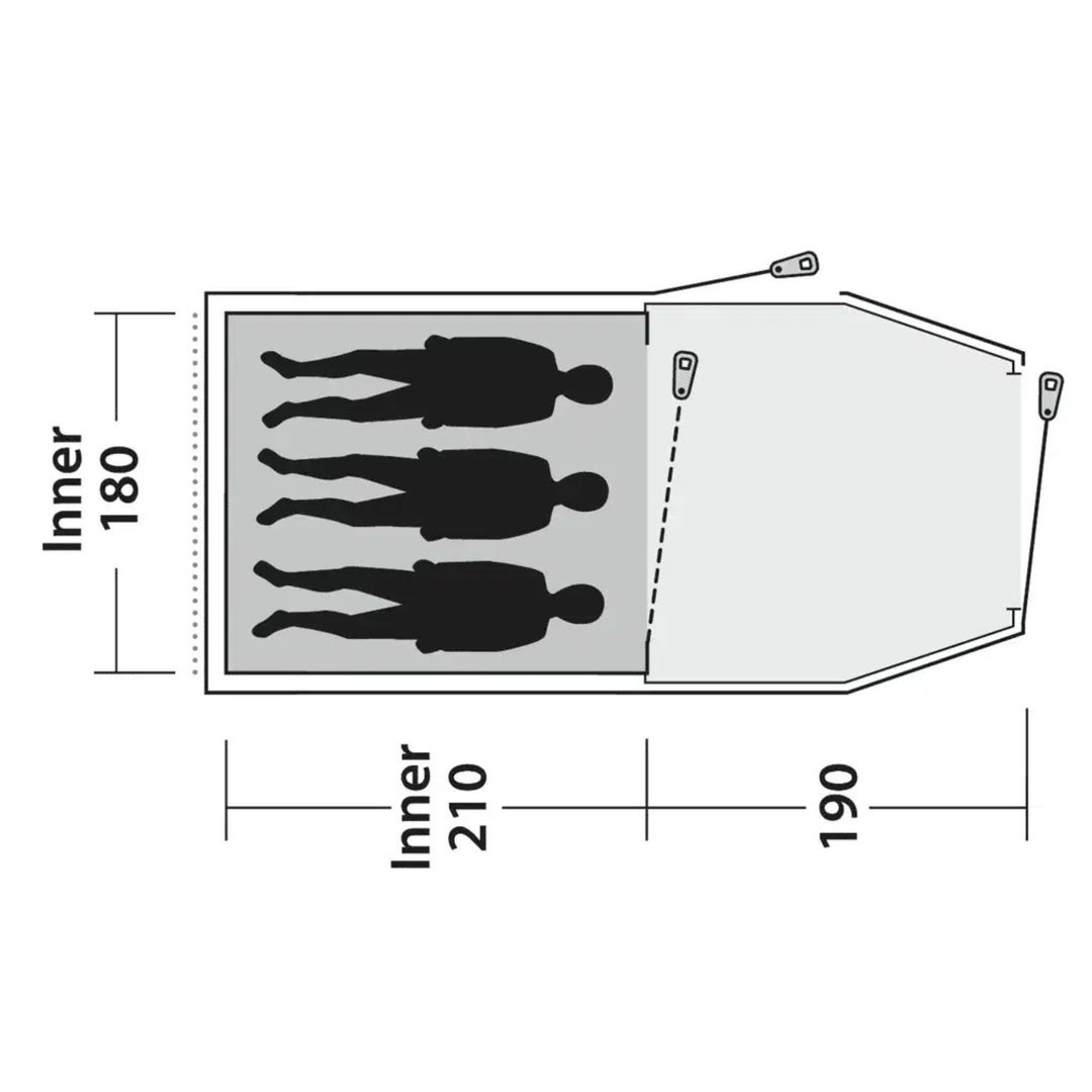 Diagram showing dimensions of a Outwell Earth 3 Plus Tent with silhouettes of people inside