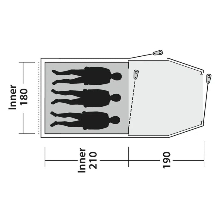 Diagram showing dimensions of a Outwell Earth 3 Plus Tent with silhouettes of people inside