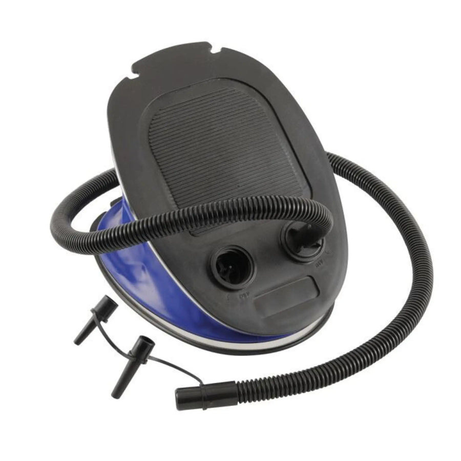 Outwell 5L foot pump designed for camping, featuring a sturdy footplate, flexible hose, and multiple nozzles for inflating and deflating camping equipment efficiently.