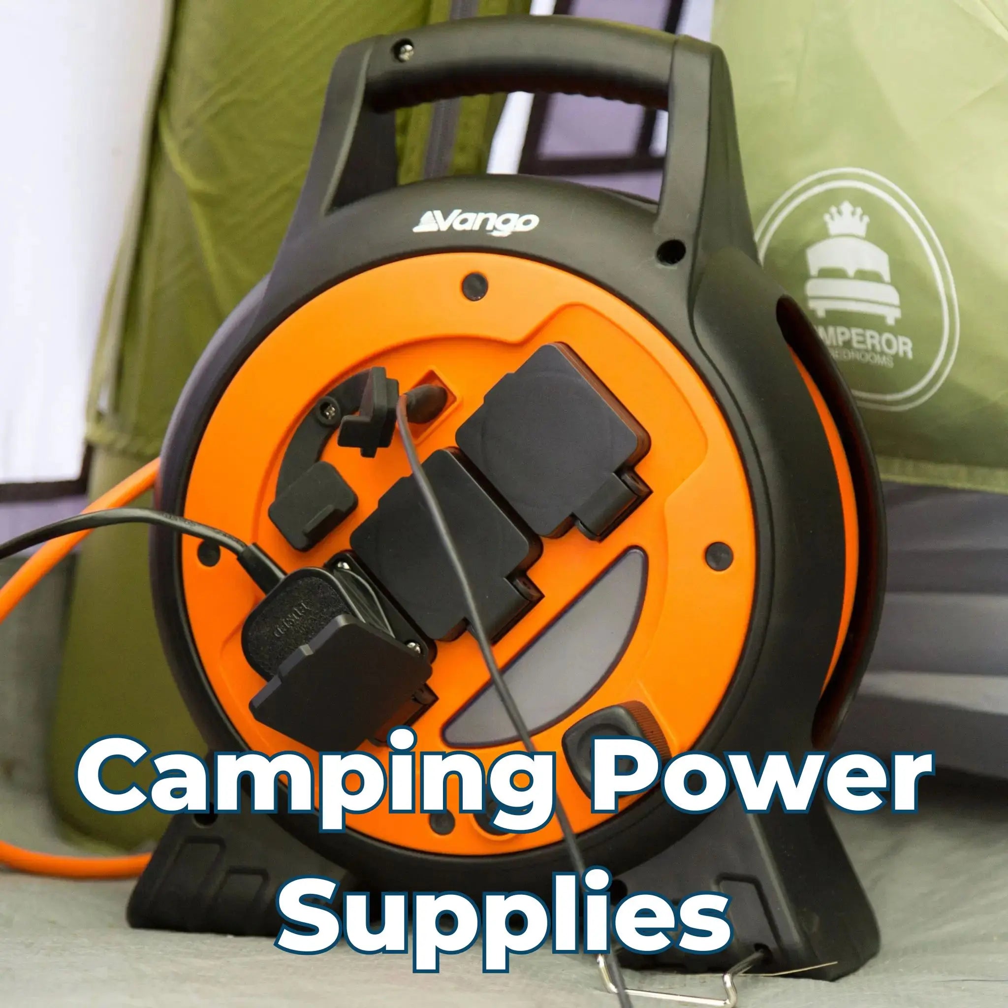 Camping Power Supplies – A Vango Voltaic Mains Hook up kit with multiple sockets, placed inside a tent with visible branding.