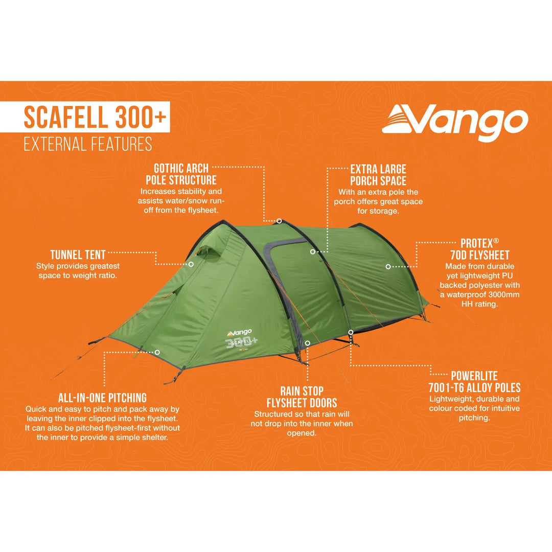 Vango Scafell 300+ tent on an orange background with external features listed.