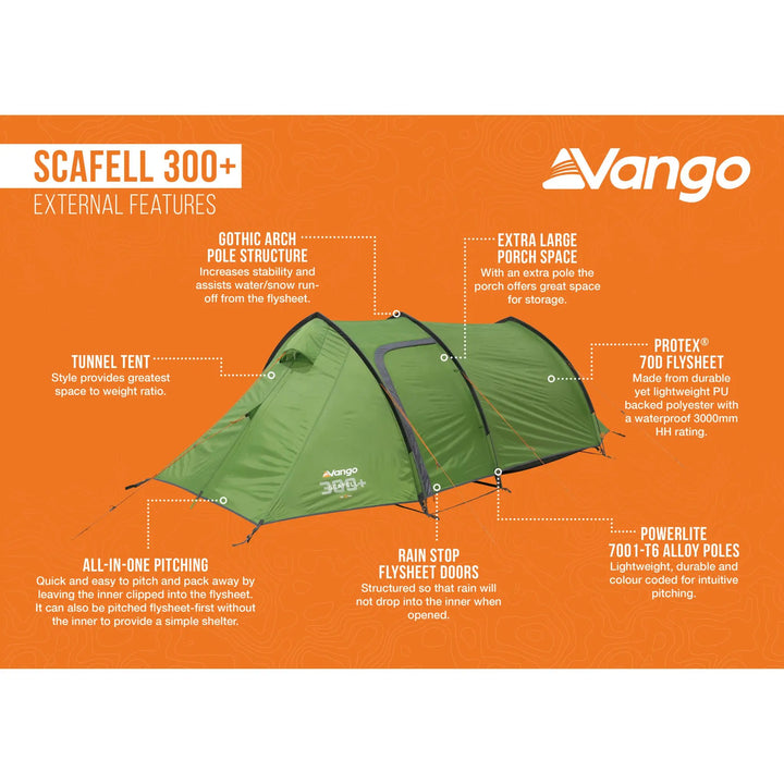 Vango Scafell 300+ tent on an orange background with external features listed.