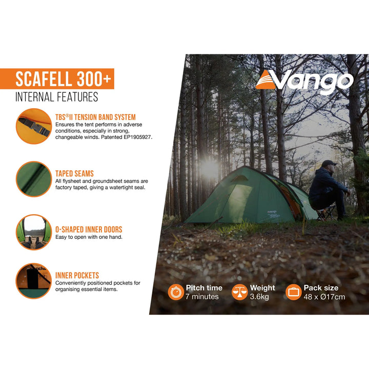 Vango Scafell 300+ tent in a forest with product internal features listed on the left.