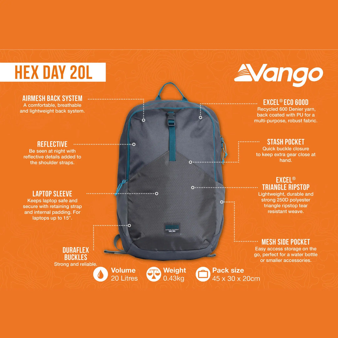 Features graphic of the Vango 20L Day Pack, highlighting its reflective details, laptop sleeve, and lightweight design for hiking and daily use.