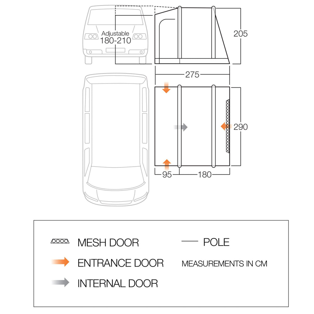 Floorplan of the Vango Faros III Air Low Inflatable Awning, illustrating dimensions and layout for extra living space with a VW Campervan.