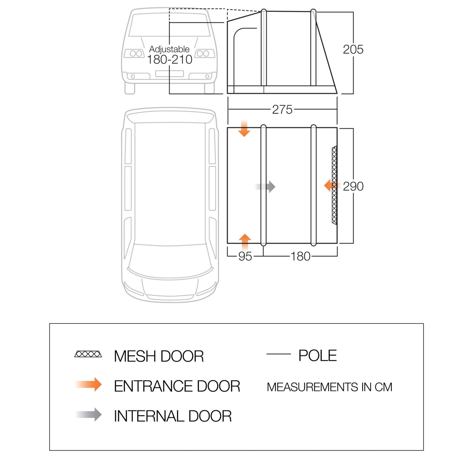Floorplan of the Vango Faros III Air Low Inflatable Awning, illustrating dimensions and layout for extra living space with a VW Campervan.