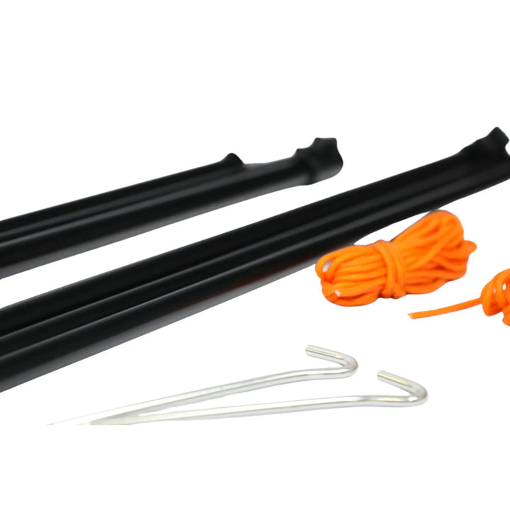 Close-up view of the Vango Adjustable King Pole Set showing steel poles, guylines, and pegs.