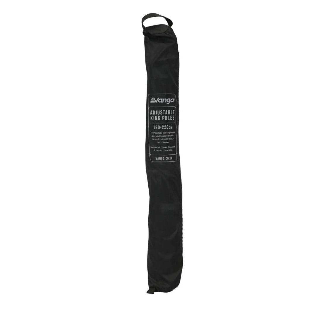 Vango Adjustable King Pole Set stored in a black carry bag with branding and specifications displayed.