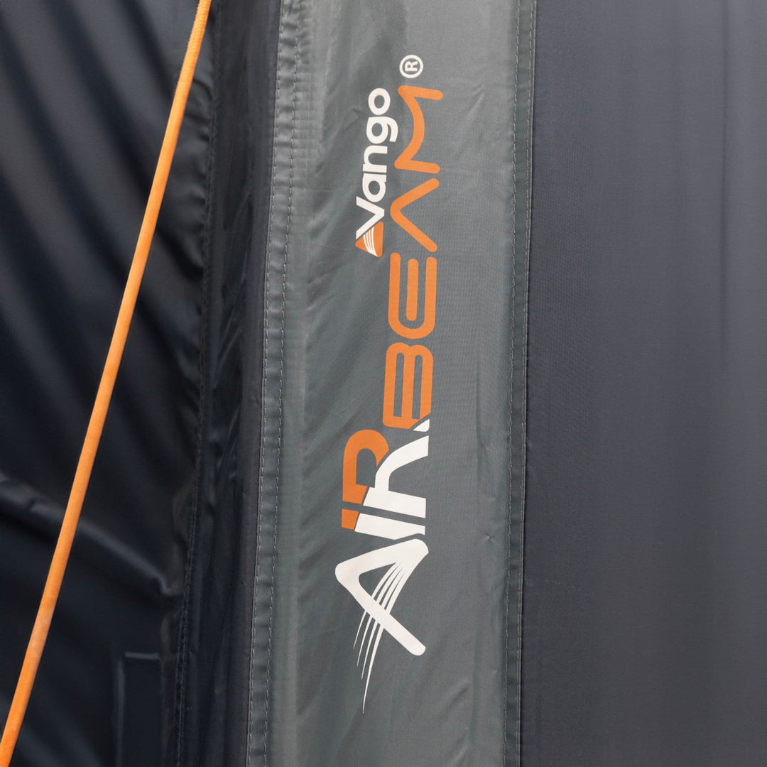 Close-up of the Vango AirBeam logo on an inflatable tent beam, showcasing the innovative AirBeam technology for easy and quick pitching, ideal for family air tents and weekend tents