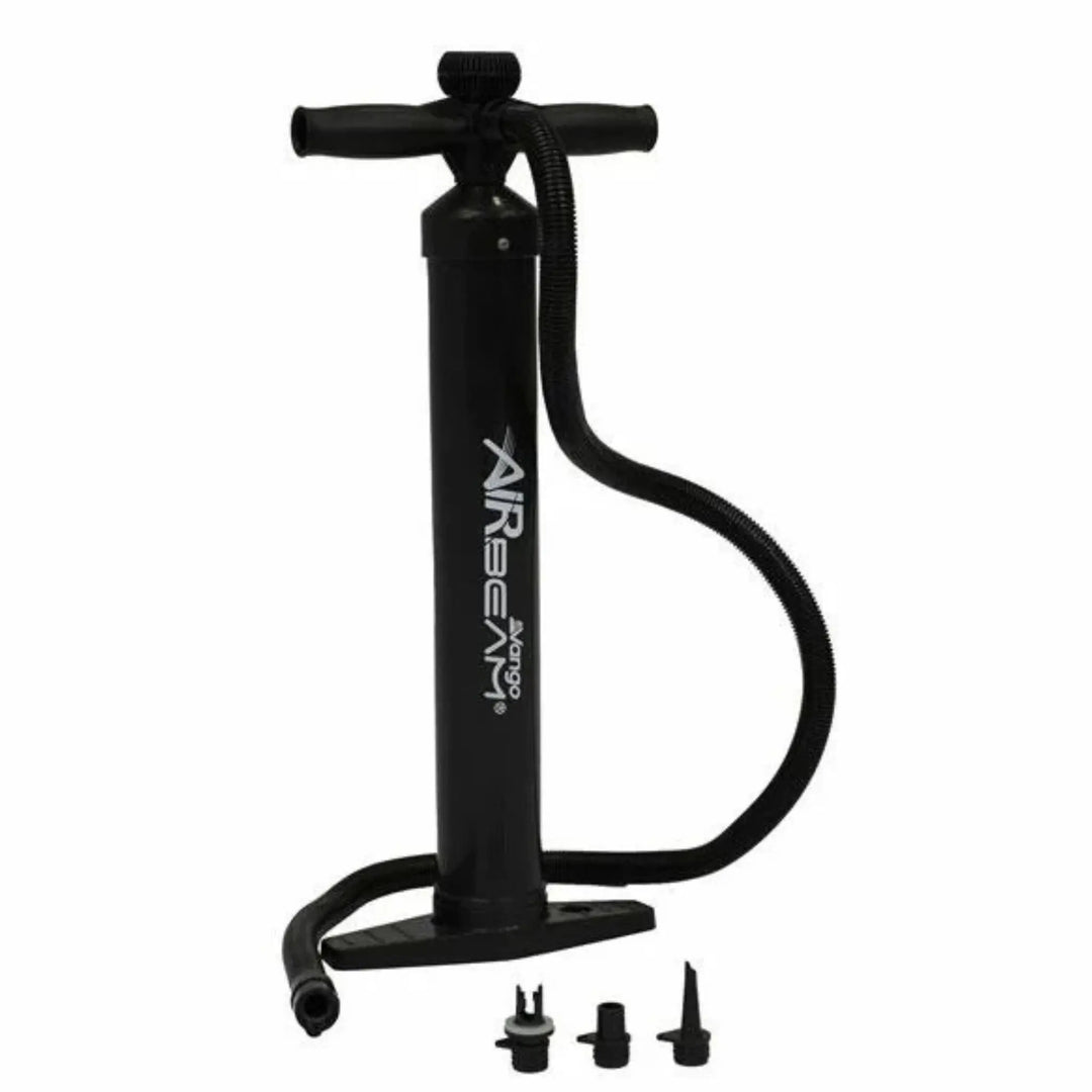 Vango AirBeam manual pump in black with a sturdy base, ergonomic handles, and an attached flexible hose. The pump is displayed alongside multiple nozzles, suitable for inflating AirBeam tents and awnings efficiently.