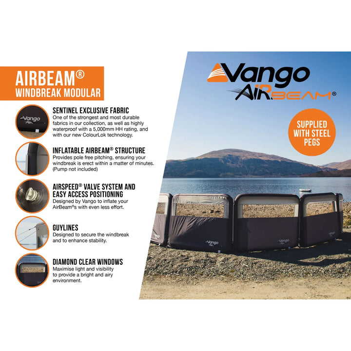 Vango AirBeam Modular Windbreak infographic showing key features.
