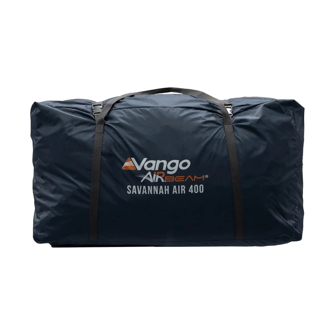 Vango Savannah Air 400 inflatable tent packed in a durable black carry bag with handles and straps, designed for easy transport and storage.