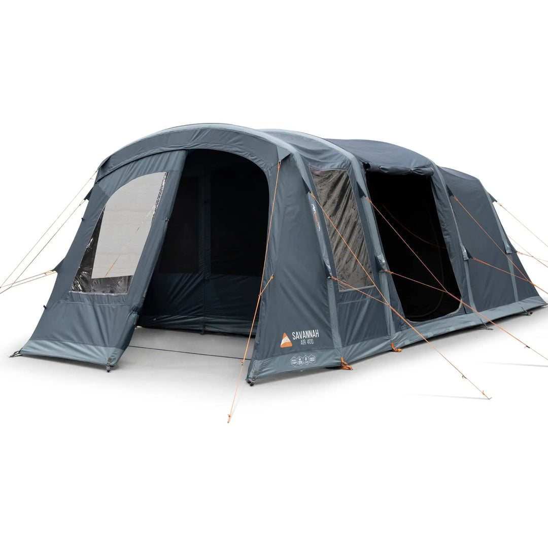 Vango Savannah Air 400 4-person tent with the front entrance open, showcasing a spacious interior, sewn-in groundsheet, and ventilated sleeping area for comfortable outdoor camping.