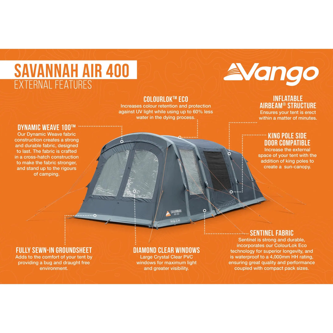 Feature breakdown of the Vango Savannah Air 400 waterproof tent, highlighting its durable Sentinel fabric, sewn-in groundsheet, inflatable airbeam structure, and large windows for maximum light.