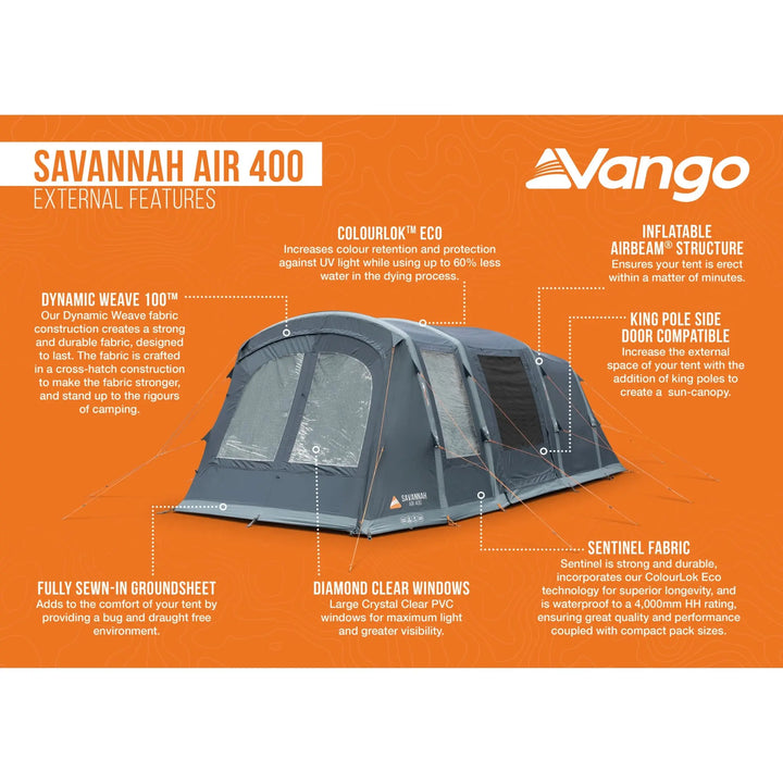 Feature breakdown of the Vango Savannah Air 400 waterproof tent, highlighting its durable Sentinel fabric, sewn-in groundsheet, inflatable airbeam structure, and large windows for maximum light.