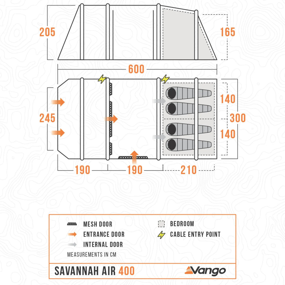 Detailed floorplan and dimensions of the Vango Savannah Air 400 quick-pitch tent, illustrating the spacious room layout, mesh doors, and multiple entry points for enhanced airflow and accessibility.