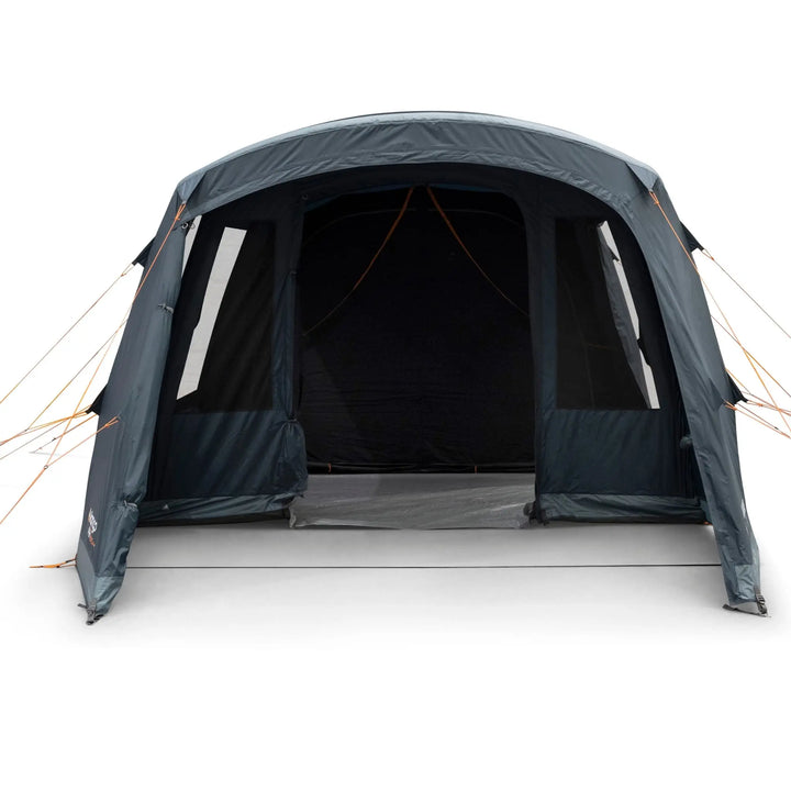 Front view of the Vango Savannah Air 400 airbeam tent with the entrance fully open, revealing a spacious sleeping area—ideal for couples and small families.