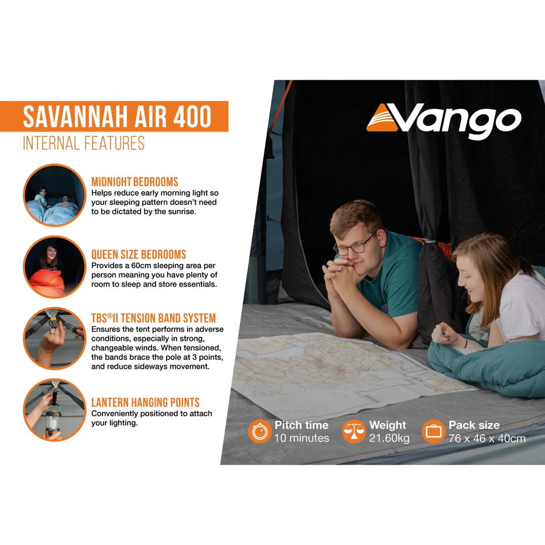 Vango Savannah Air 400 internal features infographic, highlighting midnight bedrooms, queen-size sleeping area, TBS®II tension band system, and lantern hanging points for a comfortable camping experience.