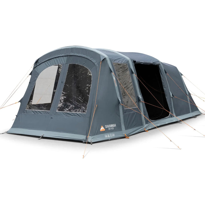 Side view of the Vango Savannah Air 400 family tent with large clear windows, waterproof Sentinel fabric with 4000HH, and an easy-pitch inflatable Vango AirBeam structure.