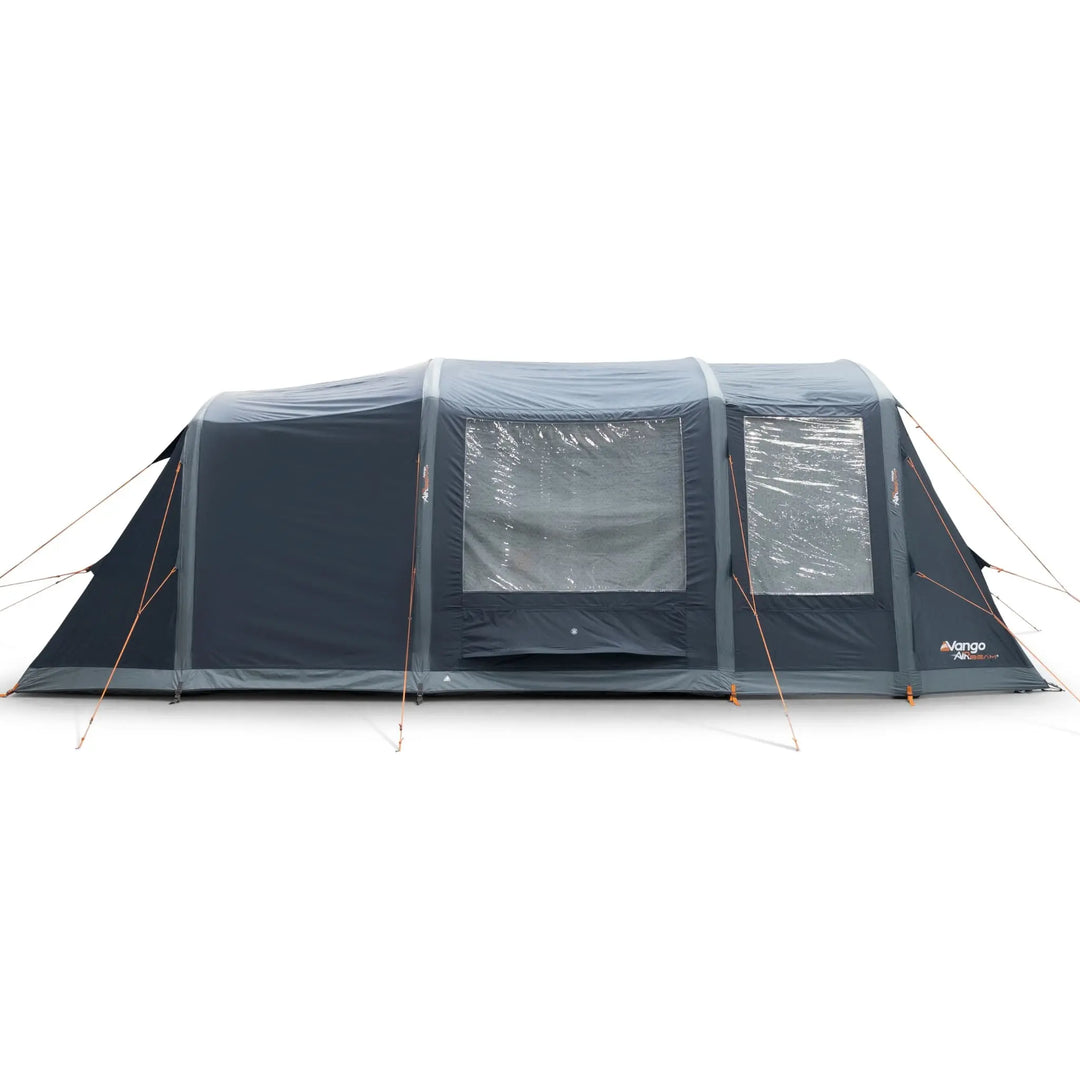 Side profile of the Vango Savannah Air 400 airbeam tent, showcasing large windows, multiple ventilation points, and durable tent design.