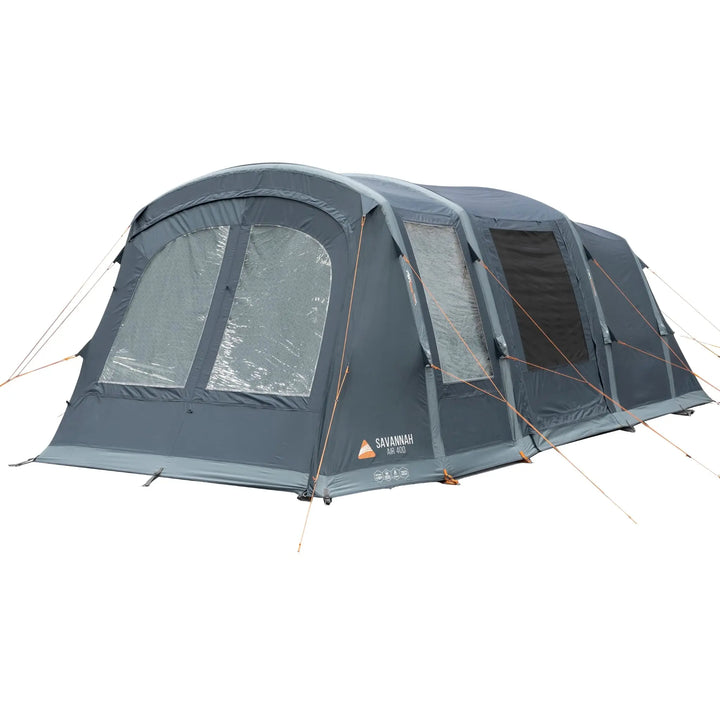 Vango Savannah Air 400 inflatable camping tent fully set up, featuring large diamond-clear windows, weather-resistant fabric, and a mesh panel side door.