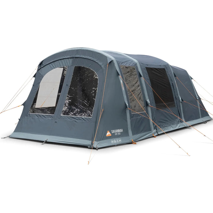 Vango Savannah Air 400 airbeam tent fully set up, featuring large clear windows, waterproof fabric, and multiple guy lines for stability—ideal for family camping trips.