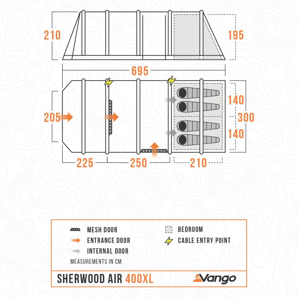 Floorplan of the Vango Sherwood Air 400XL, outlining the layout of the 4 man airbeam tent, including bedrooms and living areas.