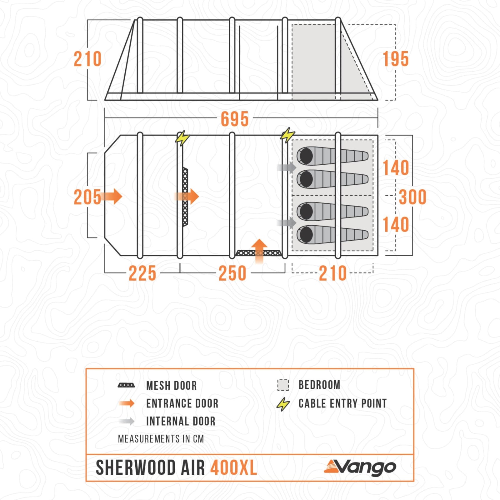 Floorplan of the Vango Sherwood Air 400XL, outlining the layout of the 4 man airbeam tent, including bedrooms and living areas.
